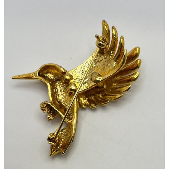 Vintage Hummingbird in Flight Brooch Pin Gold Tone Rhinestone Flying Bird - Picture 2 of 6